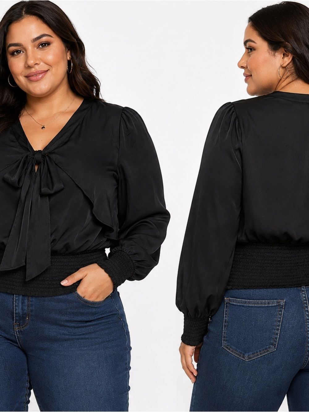 Plus-Size Black Tie-Neck Blouse with Smocked Waist